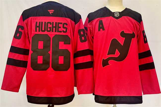 Men%27s New Jersey Devils #86 Jack Hughes Red 2024-25 With A Patch Stitched Hockey Jersey